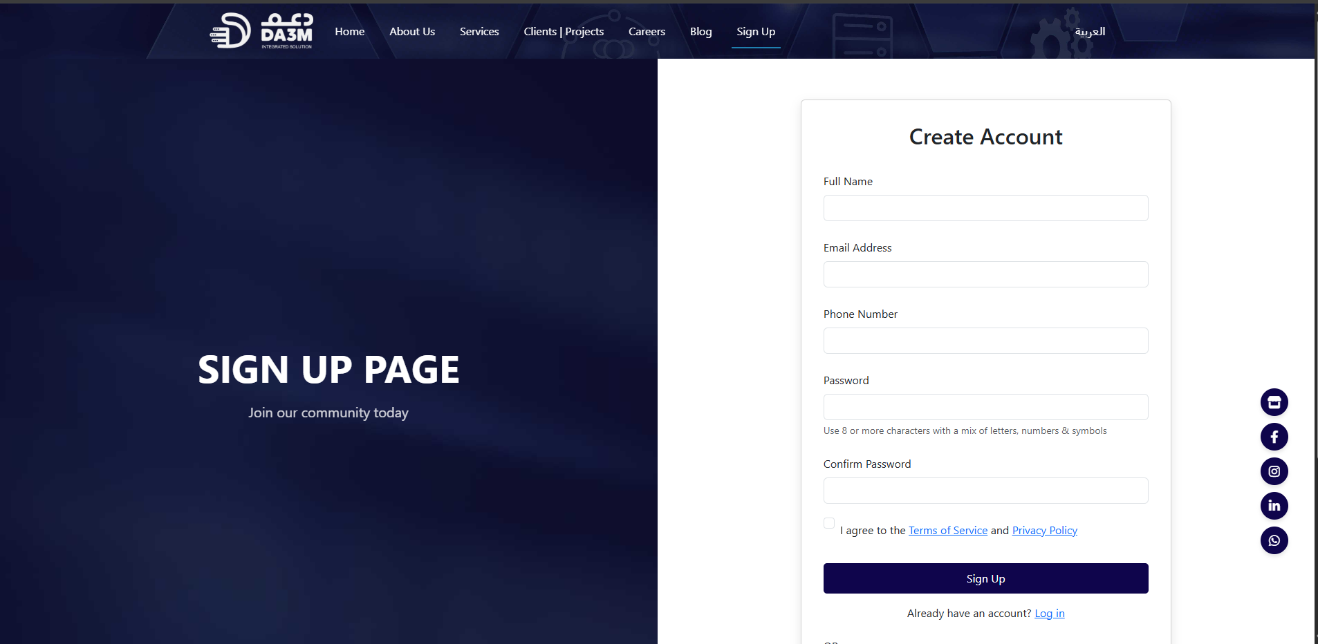 DA3M sign-up page